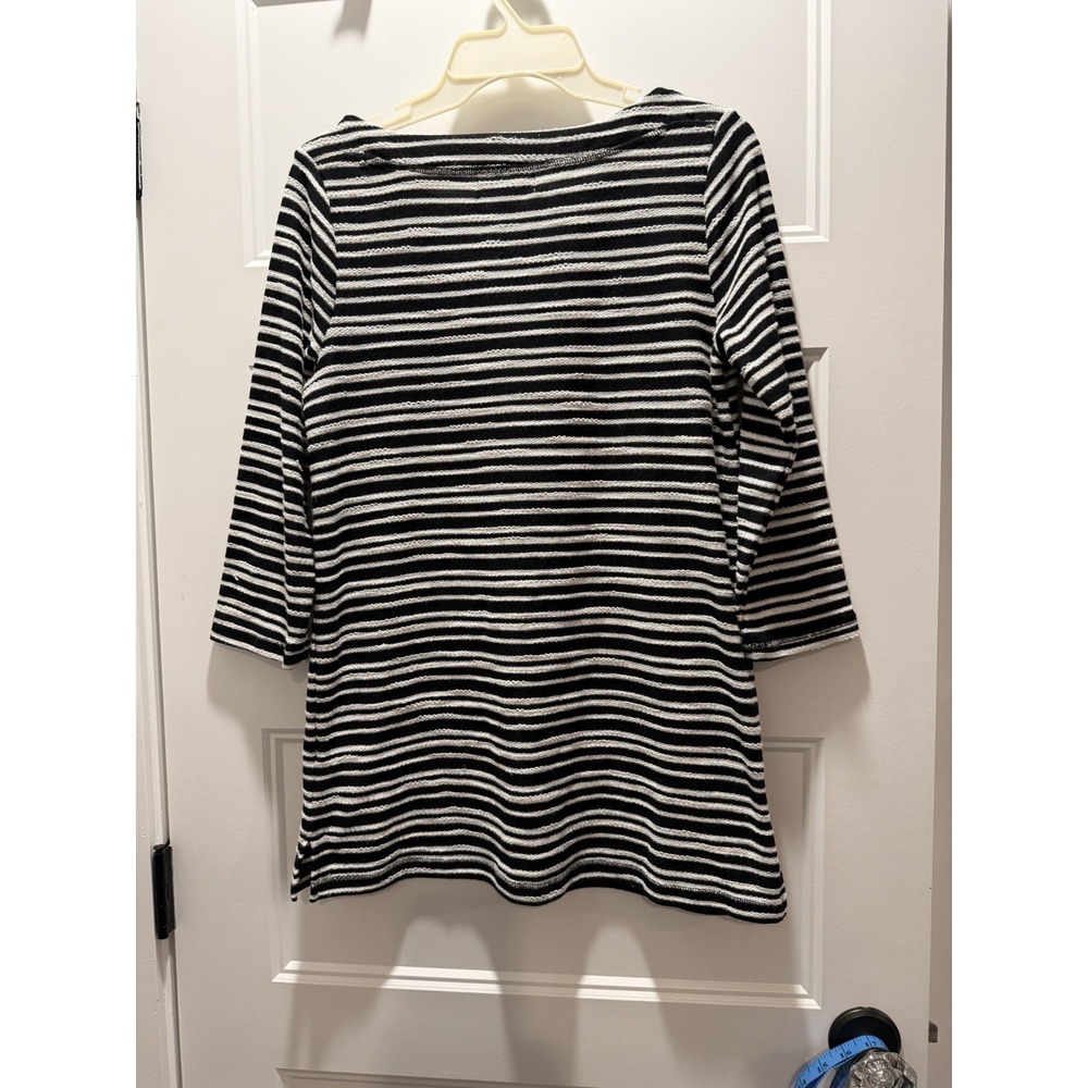 Liz Claiborne Weekend Woman Striped Top Black White Textured Knit 3/4 Sleeve - Picture 3 of 3